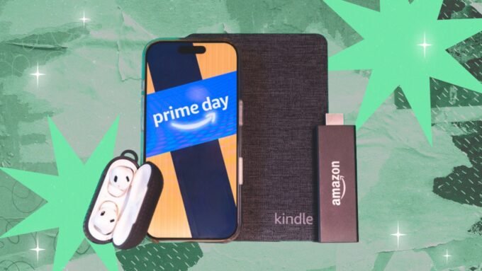 A vibrant graphic showcasing various tech gadgets like headphones, a TV, and a smartwatch, symbolizing Prime Day 2026 deals.