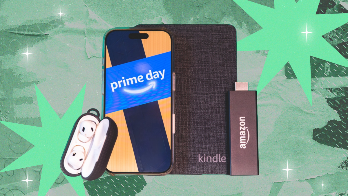 A person happily shopping online with a laptop, surrounded by various tech gadgets like headphones, a TV remote, and a smartwatch, symbolizing Prime Day deals.