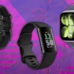 A collection of fitness trackers and smartwatches from brands like Fitbit, Garmin, and Apple, displayed with Prime Day deal tags.