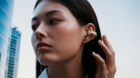 Sennheiser Accentum Clip open-ear earbuds, showcasing their unique clip-on design and sleek aesthetic.