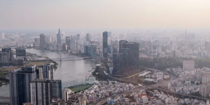 A dynamic map of Southeast Asia highlighting economic growth, with a focus on Vietnam's rising influence in the business sector.