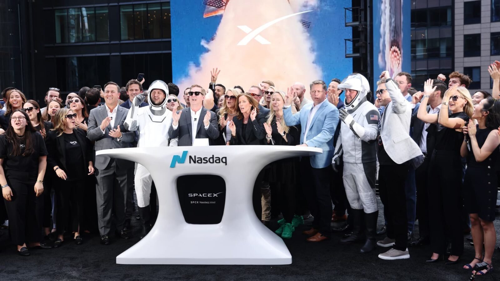 SpaceX CEO Gwynne Shotwell and executives ringing the Opening Bell at the Nasdaq after the company's record-breaking IPO.