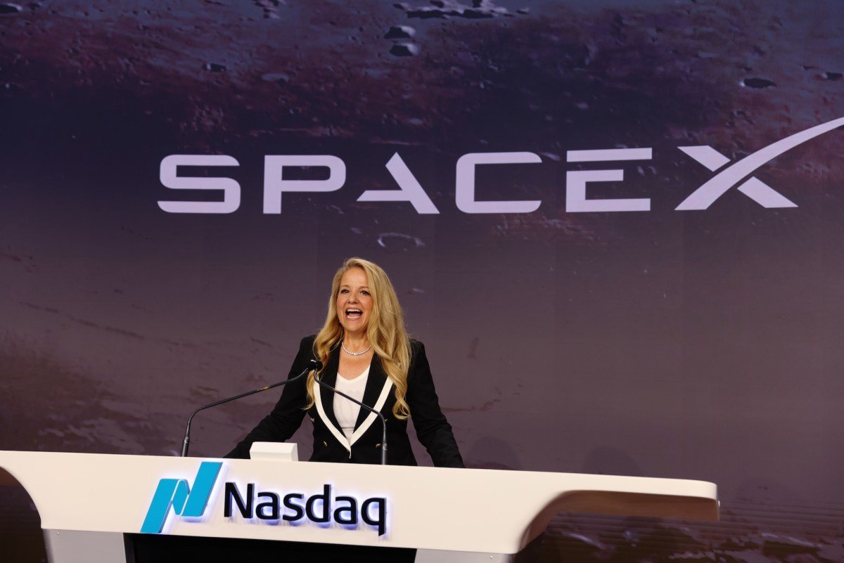 Gwynne Shotwell, President and COO of SpaceX, speaking at an event.