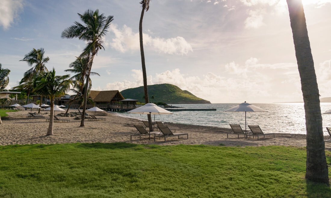 Panoramic view of Park Hyatt St. Kitts Christophe Harbour with Nevis in the background