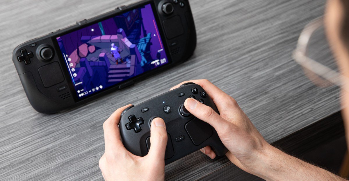 A close-up shot of the Valve Steam Controller, featuring its unique trackpads and button layout.