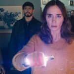 Steven Spielberg's 'Disclosure Day' movie poster featuring Emily Blunt, Josh O'Connor, and Colman Domingo, with a UFO in the background, alongside box office charts.