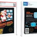 A pristine, sticker-sealed copy of the original Super Mario Bros. game cartridge for the NES console.