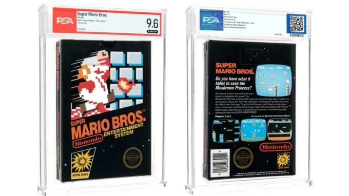 Super Mario Bros. Smashes Records with $3 Million Sticker-Sealed Sale 9 A pristine, sticker-sealed copy of the original Super Mario Bros. game cartridge for the NES console.