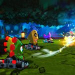 Screenshot of Super Yooka-Laylee Kart gameplay, showing pixel-art characters racing on a track with power-ups and coins.