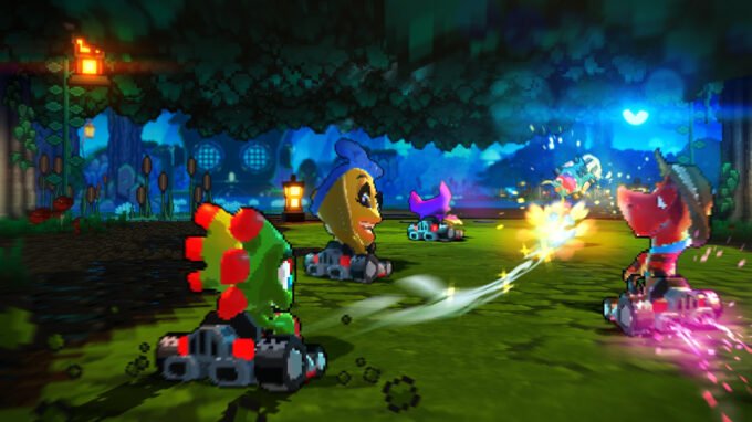 Screenshot of Super Yooka-Laylee Kart gameplay, showing pixel-art characters racing on a track with power-ups and coins.