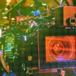 Illustrative image of various tech controversies: a film reel, data center servers, and a surveillance camera.