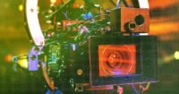 Illustrative image of various tech controversies: a film reel, data center servers, and a surveillance camera.
