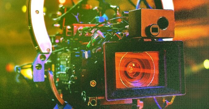 Illustrative image of various tech controversies: a film reel, data center servers, and a surveillance camera.