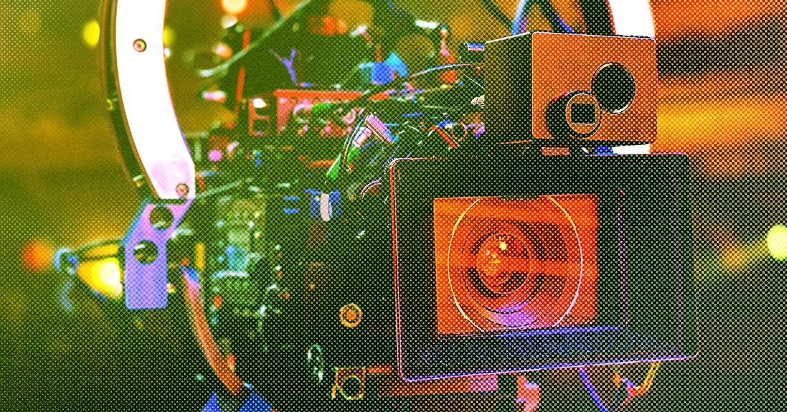 Illustrative image of various tech controversies: a film reel, data center servers, and a surveillance camera.