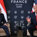 President Donald Trump speaking at the G7 summit in Évian-les-Bains, France, with Egyptian President Abdel-Fattah El-Sisi.