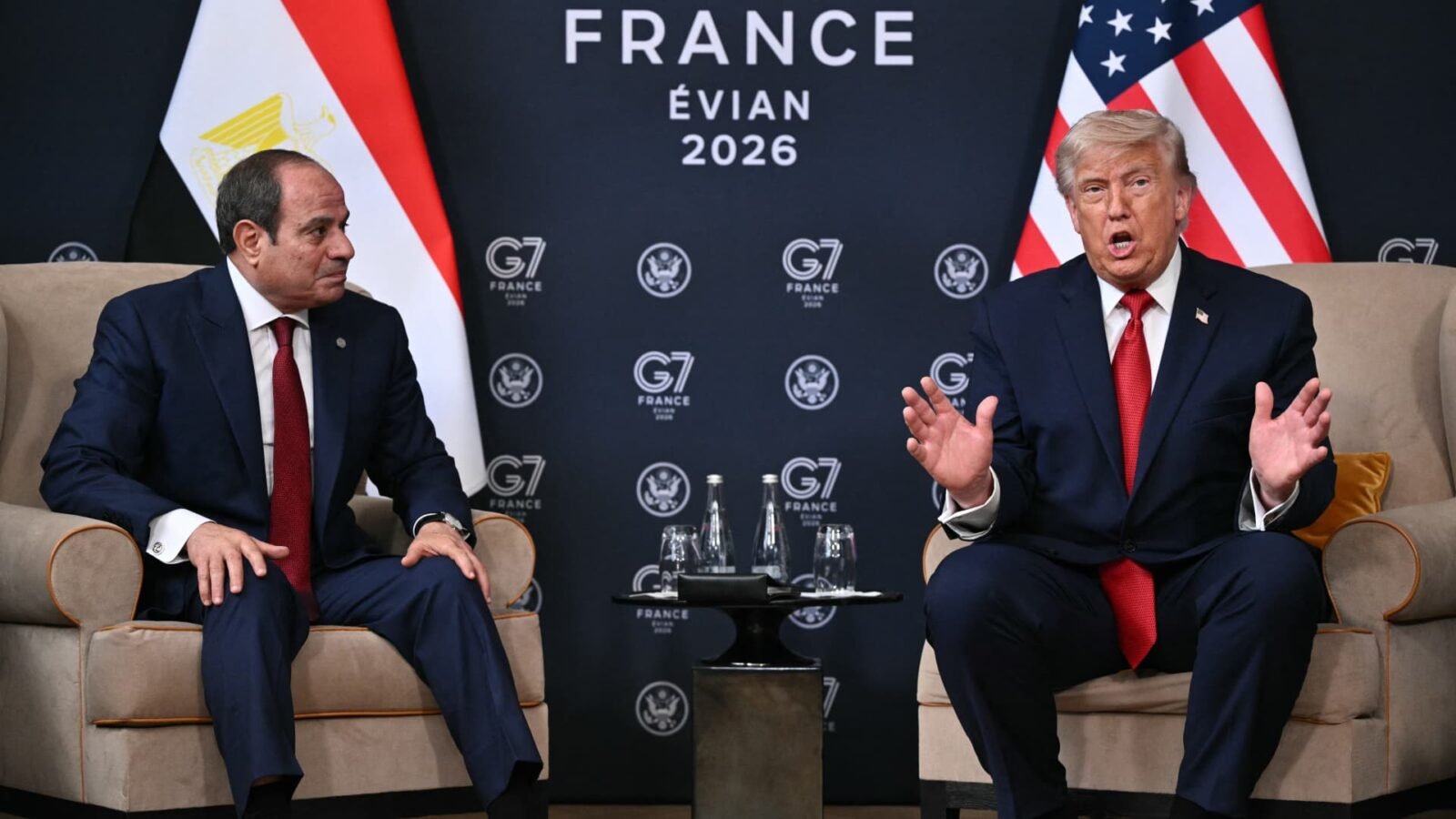 President Donald Trump speaking at the G7 summit in Évian-les-Bains, France, with Egyptian President Abdel-Fattah El-Sisi.