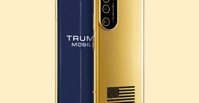 The Trump T1 Phone, a gold-colored smartphone, with an American flag subtly in the background.