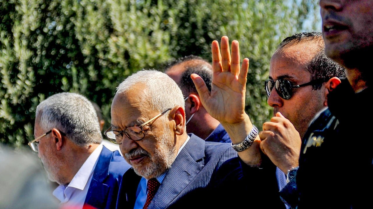 Rached Ghannouchi, leader du mouvement islamiste Ennahdha, lors d'un événement à Tunis, le 5 avril 2025.