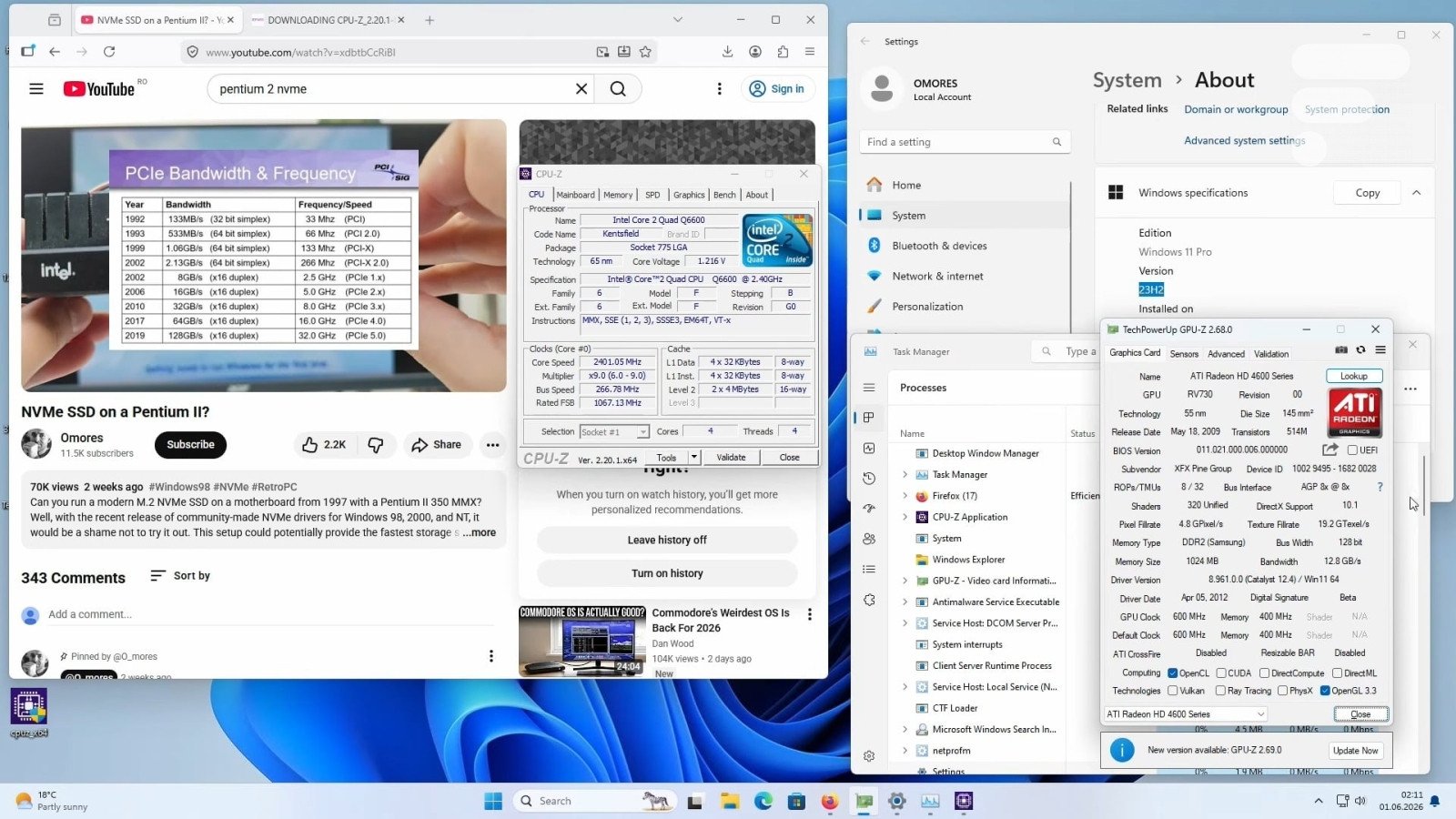Un PC de 2003 exécutant Windows 11, avec une carte mère ASRock et une carte graphique AGP visible.