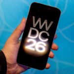 Apple WWDC 2026 keynote stage with AI graphics