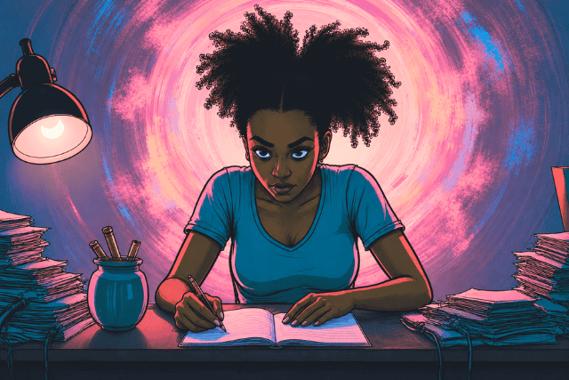 A child looking stressed while studying at a desk, surrounded by books, symbolizing academic pressure and the burden of expectations.