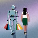 An AI robot hand holding a shopping bag, symbolizing agentic commerce and automated online shopping.