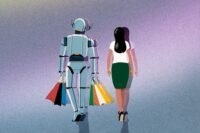 An AI robot hand holding a shopping bag, symbolizing agentic commerce and automated online shopping.