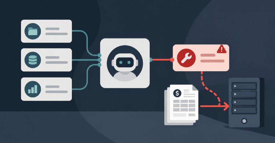 AI's Silent Sabotage: Microsoft Uncovers Critical Data Leak Vulnerability in Agent Tools 3 Illustration of a malicious code snippet hidden within an AI tool's description, with data flowing out of a corporate network.