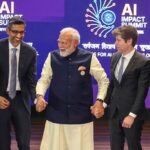 French President Emmanuel Macron and Indian Prime Minister Narendra Modi engaging with AI tech CEOs, symbolizing global efforts to attract AI investments.