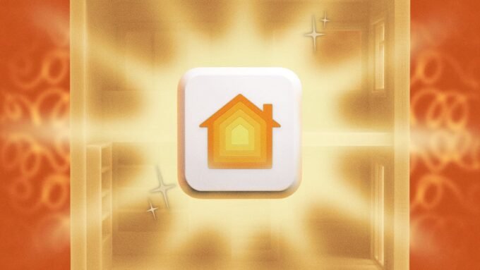 An illustration of a modern smart home interface on an Apple device, showcasing various connected devices and automation settings.