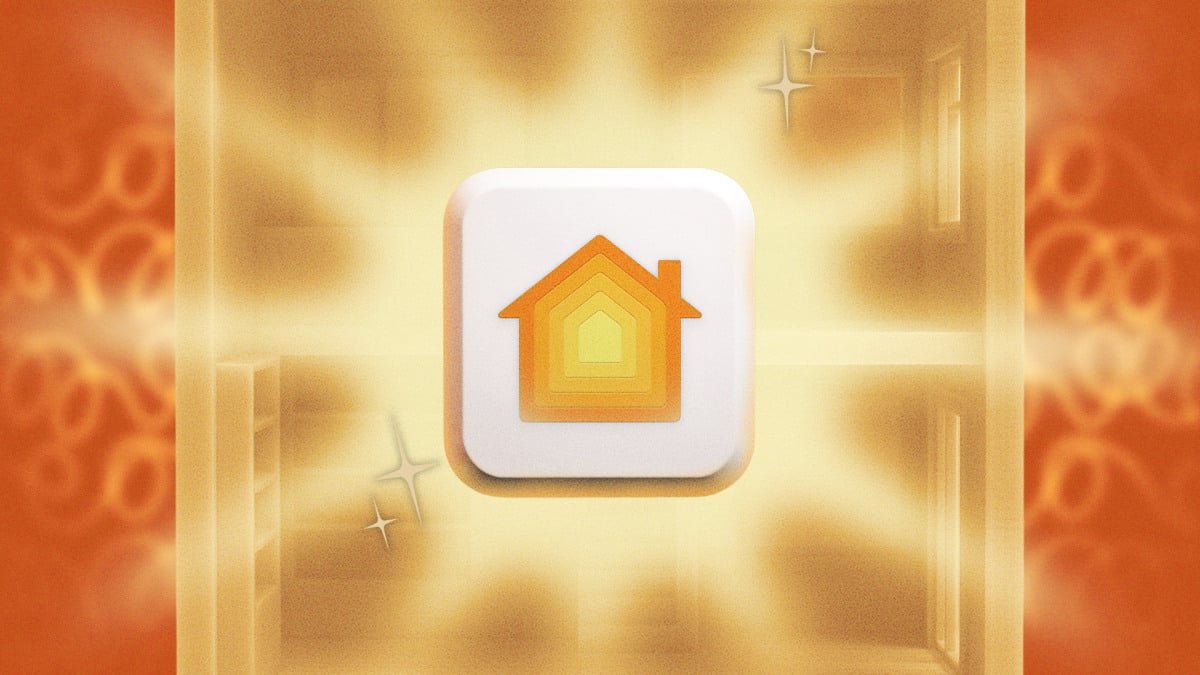 An illustration of a modern smart home interface on an Apple device, showcasing various connected devices and automation settings.