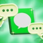 An iPhone displaying the Apple Messages app with various chat bubbles and icons, symbolizing enhanced messaging features and productivity.