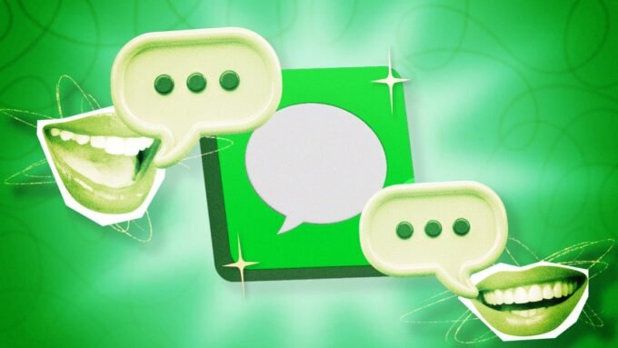 An iPhone displaying the Apple Messages app with various chat bubbles and icons, symbolizing enhanced messaging features and productivity.