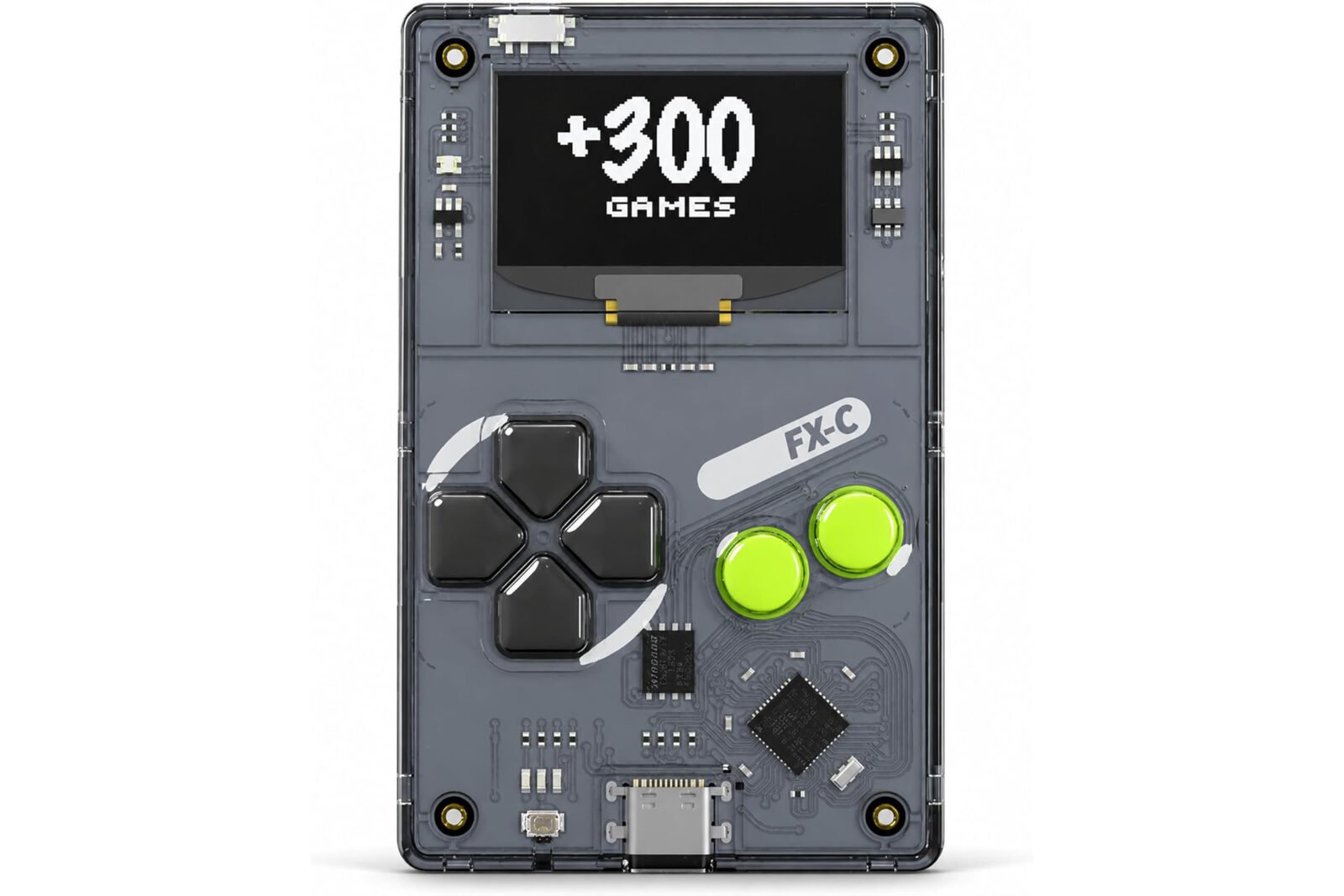 A close-up of the Arduboy FX-C credit card-sized game console displaying a pixelated game, highlighting its compact design and monochromatic screen.