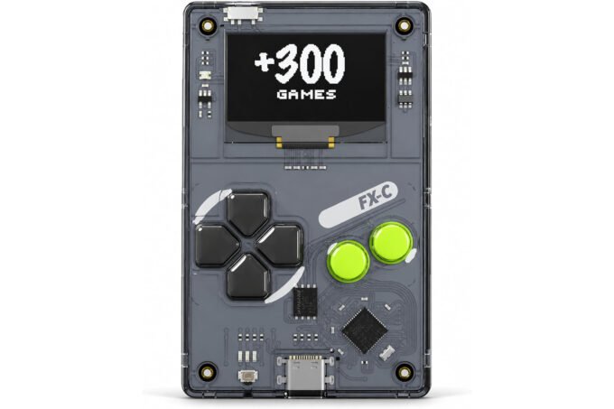Arduboy FX-C: The Pocket-Sized Powerhouse for Retro Gaming and Creative Coding 9 A close-up of the Arduboy FX-C credit card-sized game console displaying a pixelated game, highlighting its compact design and monochromatic screen.