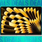 A collection of discounted electronics, including a TV, laptop, tablet, and headphones, displayed against a Best Buy store backdrop.