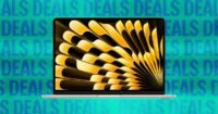 A collection of discounted electronics, including a TV, laptop, tablet, and headphones, displayed against a Best Buy store backdrop.