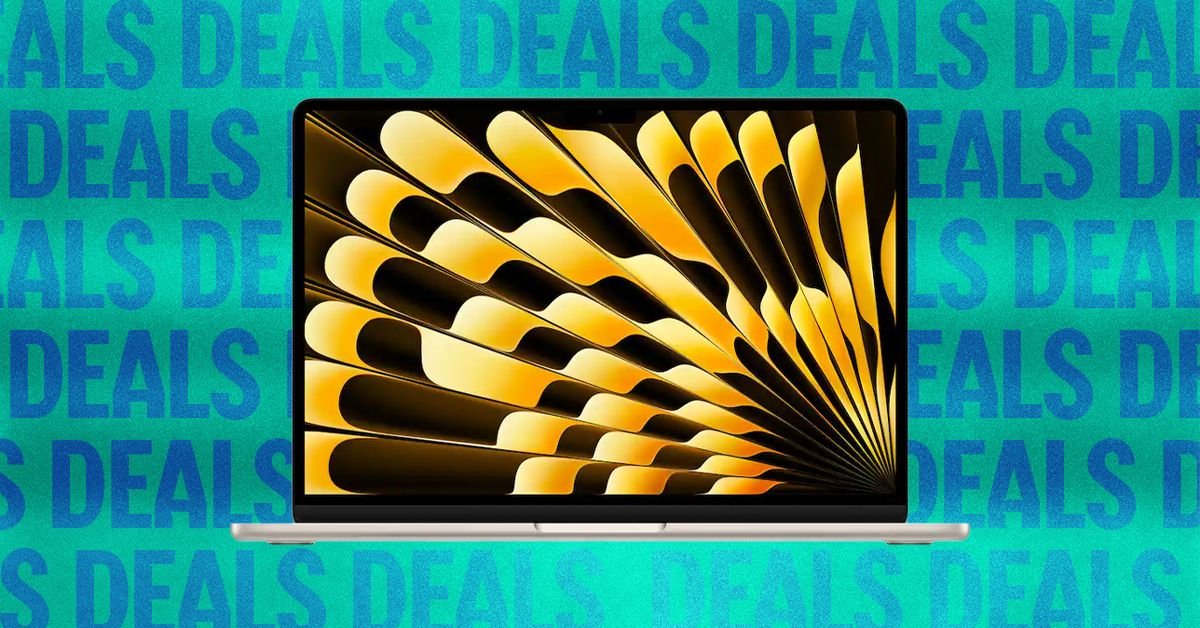 A collection of discounted electronics, including a TV, laptop, tablet, and headphones, displayed against a Best Buy store backdrop.