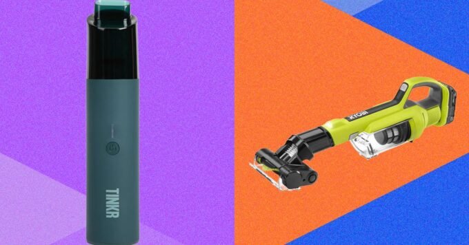 A collection of the best handheld vacuums, including Dyson, Ryobi, and Bissell models, on a clean surface.