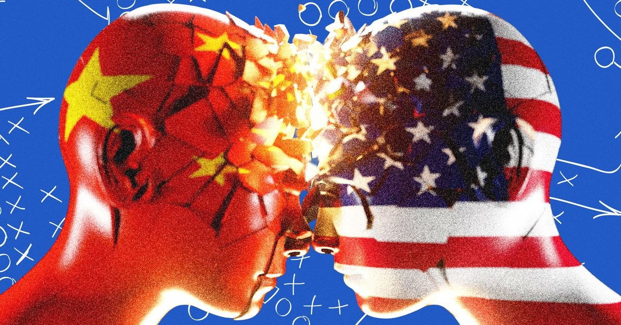 Illustration of AI models, possibly with Chinese and American flags or tech symbols, representing the global AI competition.