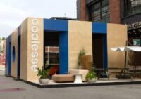 Exterior view of the Coalesse Co.Lab pop-up installation at Fulton Market Design Days, showcasing its unique design and interactive elements.