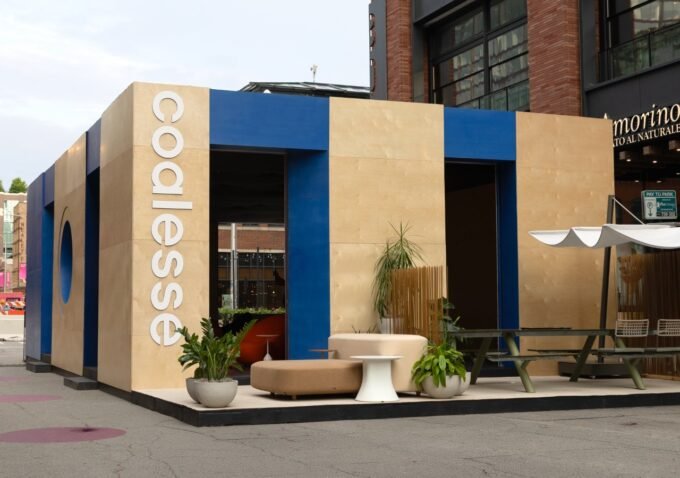 Exterior view of the Coalesse Co.Lab pop-up installation at Fulton Market Design Days, showcasing its unique design and interactive elements.