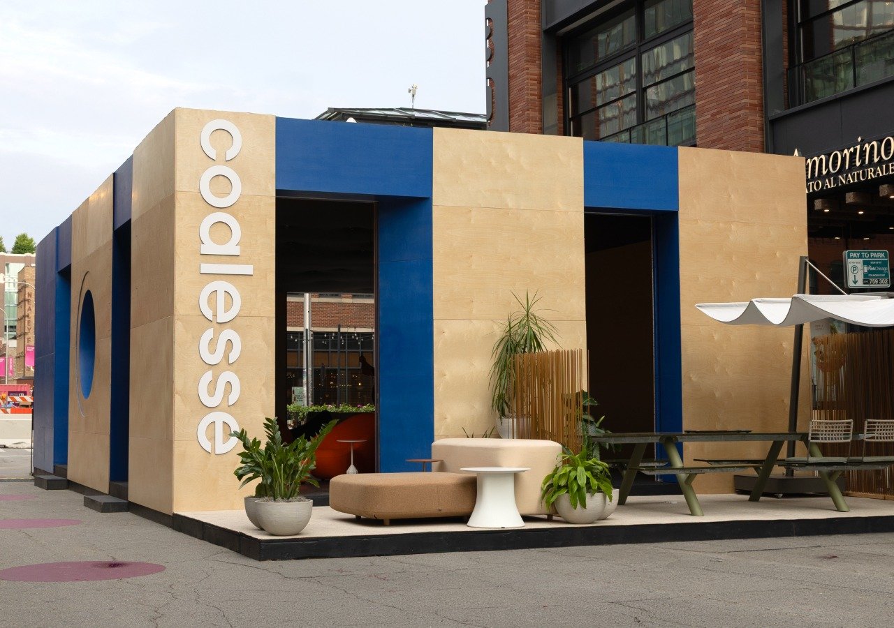 Exterior view of the Coalesse Co.Lab pop-up installation at Fulton Market Design Days, showcasing its unique design and interactive elements.