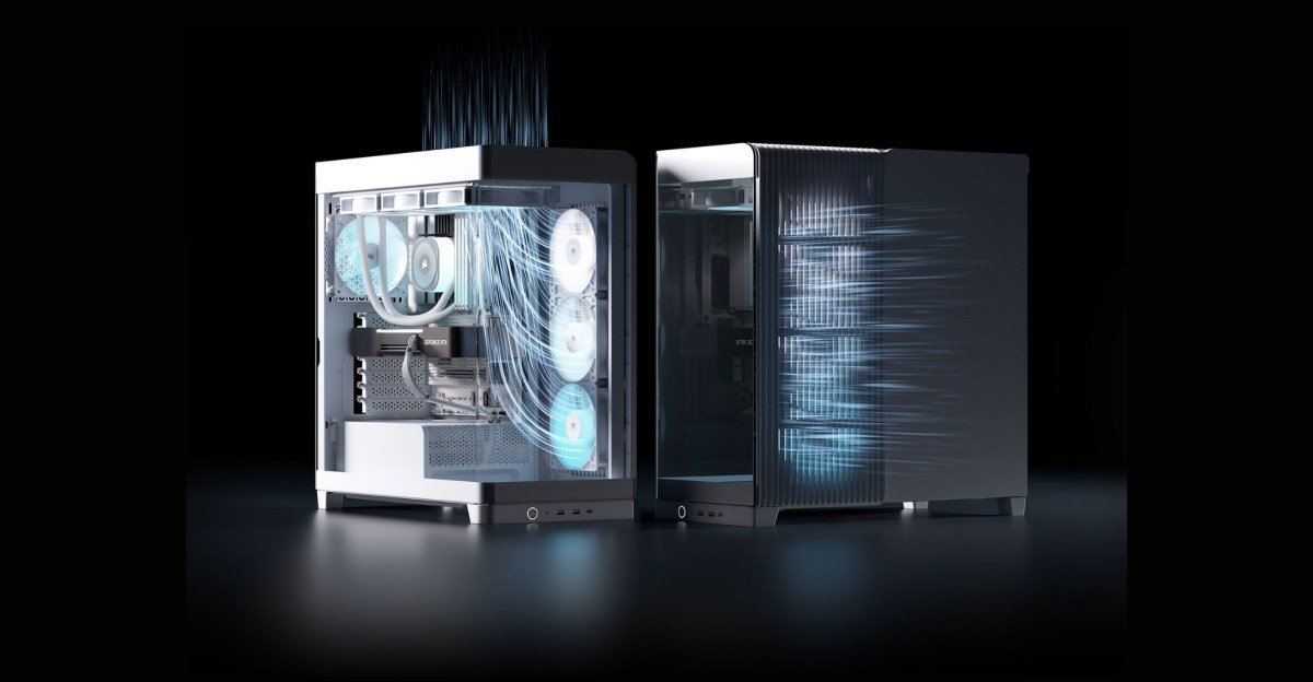 Corsair Frame 4500X RS PC case showcasing its panoramic glass design and internal components with ARGB lighting.