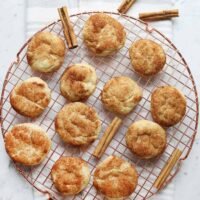 A plate of golden-brown, soft, and chewy snickerdoodle cookies coated in cinnamon sugar, with some dough balls ready for baking.