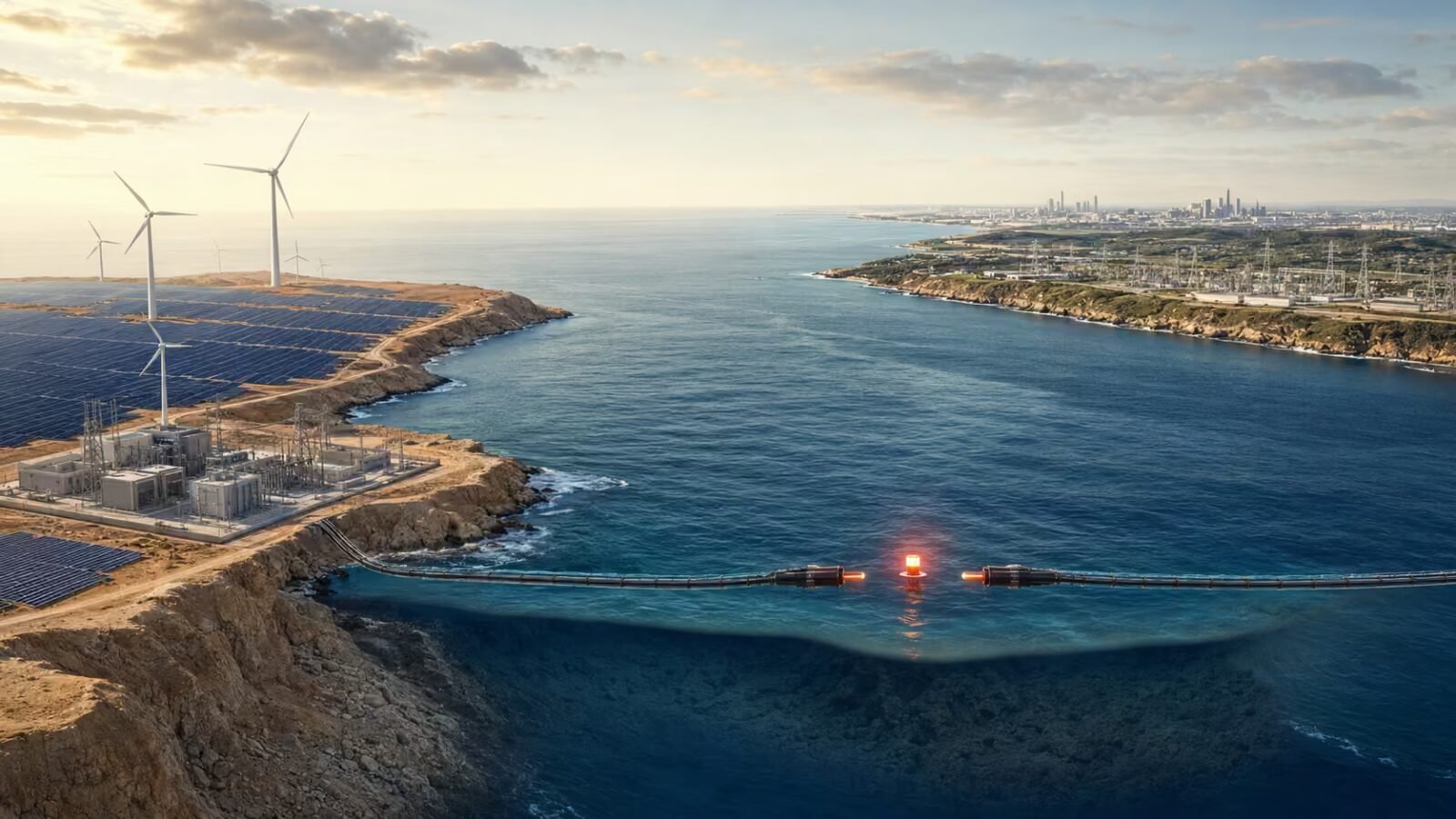 صورة توضيحية لكابل بحري يربط بين المغرب وألمانيا، يرمز لمشروع سيلا أتلانتيك للطاقة المتجددة.