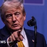 الرئيس الأمريكي دونالد ترامب يتحدث، مع تعليق يشير إلى أن واشنطن كانت تحمي مضيق هرمز.