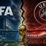 شعار الاتحاد الأوروبي لكرة القدم (يويفا) وشعار الاتحاد الدولي لكرة القدم (فيفا) يرمزان للخلاف حول حقوق كأس العالم.
