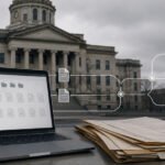 Illustration of digital data being stolen or extorted, possibly with a lock or a hacker icon.