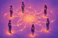 A person looking at a complex web of interconnected threads, symbolizing relationship patterns and family dynamics.